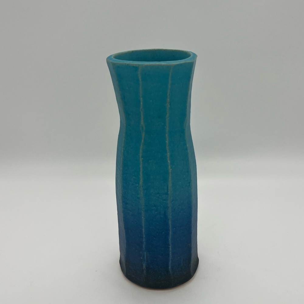 Japanese Seiran Shigaraki Ware Hechimon Blue Hombre Geometric Bottle Vase 9”
